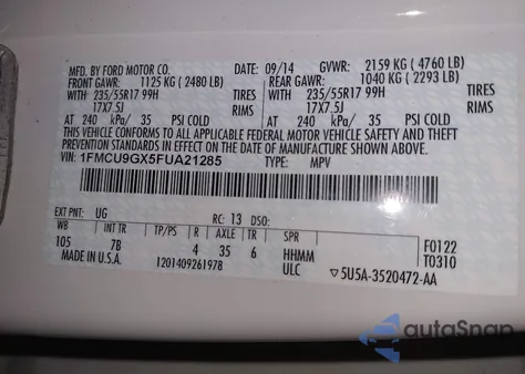 2015 Ford Escape Se z USA, uszkodzony, nr VIN 1FMCU9GX5FUA21285